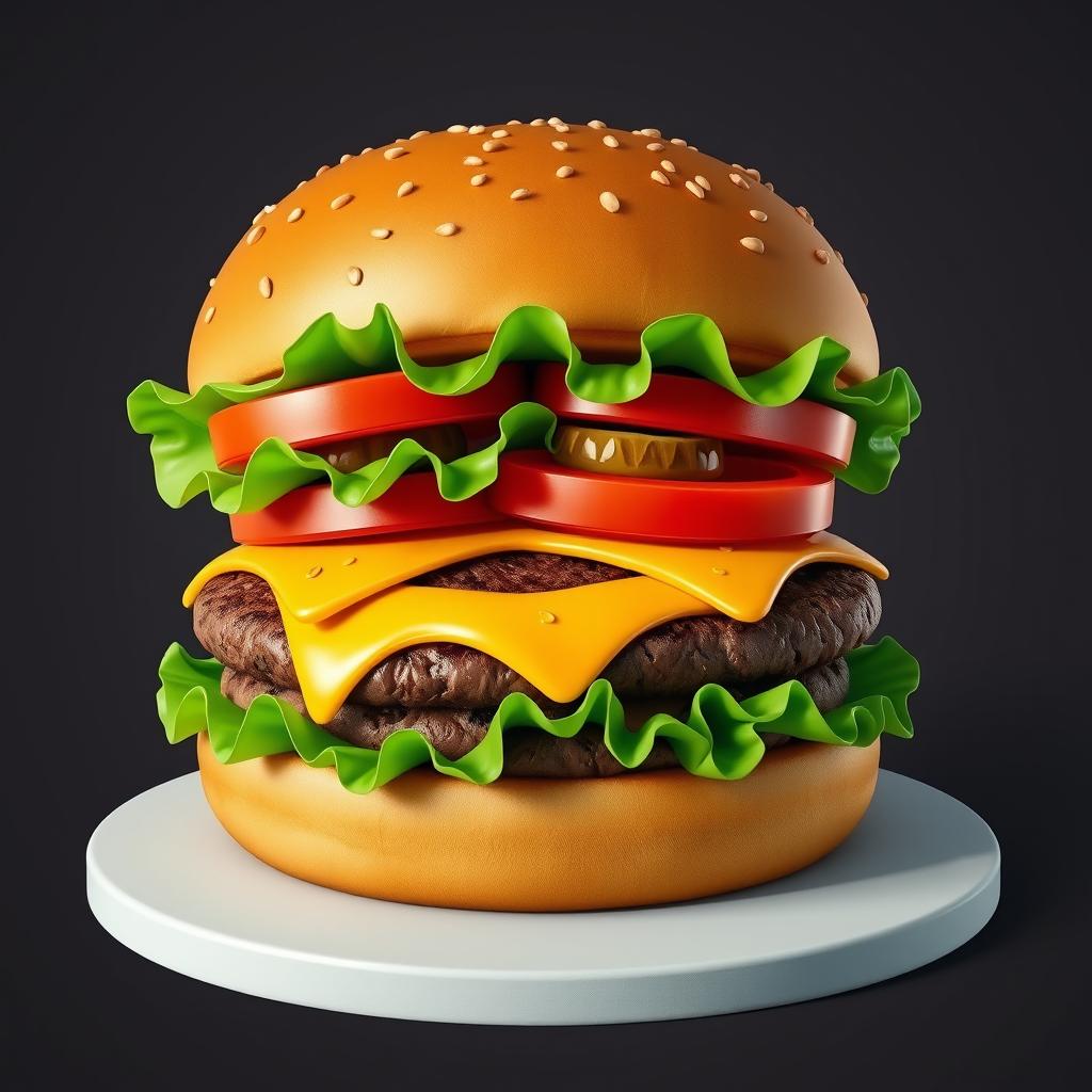 An artistic 3D illustration of a cool, lived-in hamburger, showcasing a gourmet double meat cheeseburger with an appetizing design