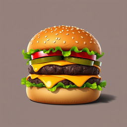 An artistic 3D illustration of a cool, lived-in hamburger, showcasing a gourmet double meat cheeseburger with an appetizing design