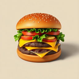 An artistic 3D illustration of a cool, lived-in hamburger, showcasing a gourmet double meat cheeseburger with an appetizing design