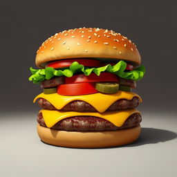 An artistic 3D illustration of a cool, lived-in hamburger, showcasing a gourmet double meat cheeseburger with an appetizing design