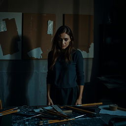 A poignant scene featuring a woman with a sad expression standing in an art studio