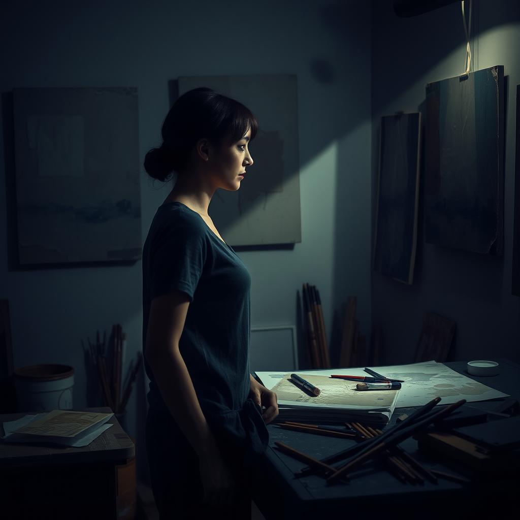 A poignant scene featuring a woman with a sad expression standing in an art studio