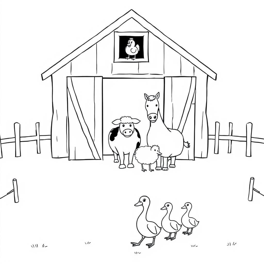 A black and white drawing featuring a quaint barn with open doors, displaying a chicken peeking out from the window