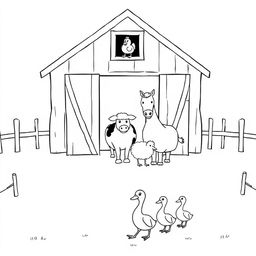 A black and white drawing featuring a quaint barn with open doors, displaying a chicken peeking out from the window