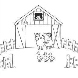 A black and white drawing featuring a quaint barn with open doors, displaying a chicken peeking out from the window