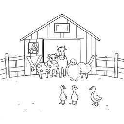 A black and white drawing featuring a quaint barn with open doors, displaying a chicken peeking out from the window