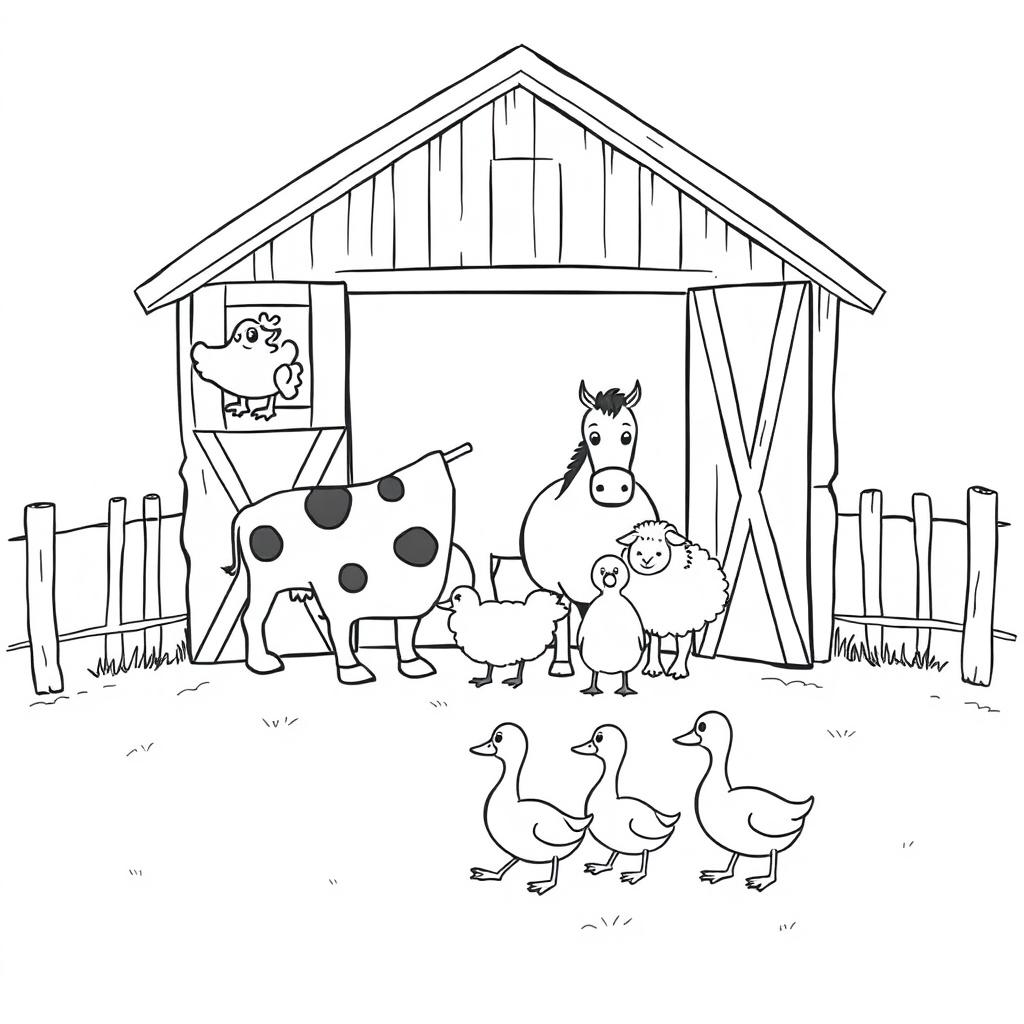 A black and white drawing featuring a quaint barn with open doors, displaying a chicken peeking out from the window