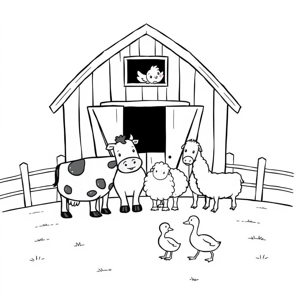 A black and white drawing featuring a delightful farm scene with a barn that has open doors and a chicken peeking out from the window