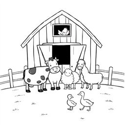 A black and white drawing featuring a delightful farm scene with a barn that has open doors and a chicken peeking out from the window