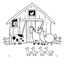 A black and white drawing featuring a delightful farm scene with a barn that has open doors and a chicken peeking out from the window