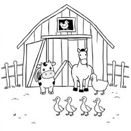 A black and white drawing featuring a delightful farm scene with a barn that has open doors and a chicken peeking out from the window