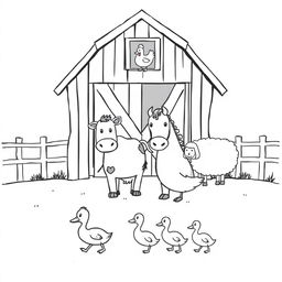 A black and white drawing featuring a delightful farm scene with a barn that has open doors and a chicken peeking out from the window