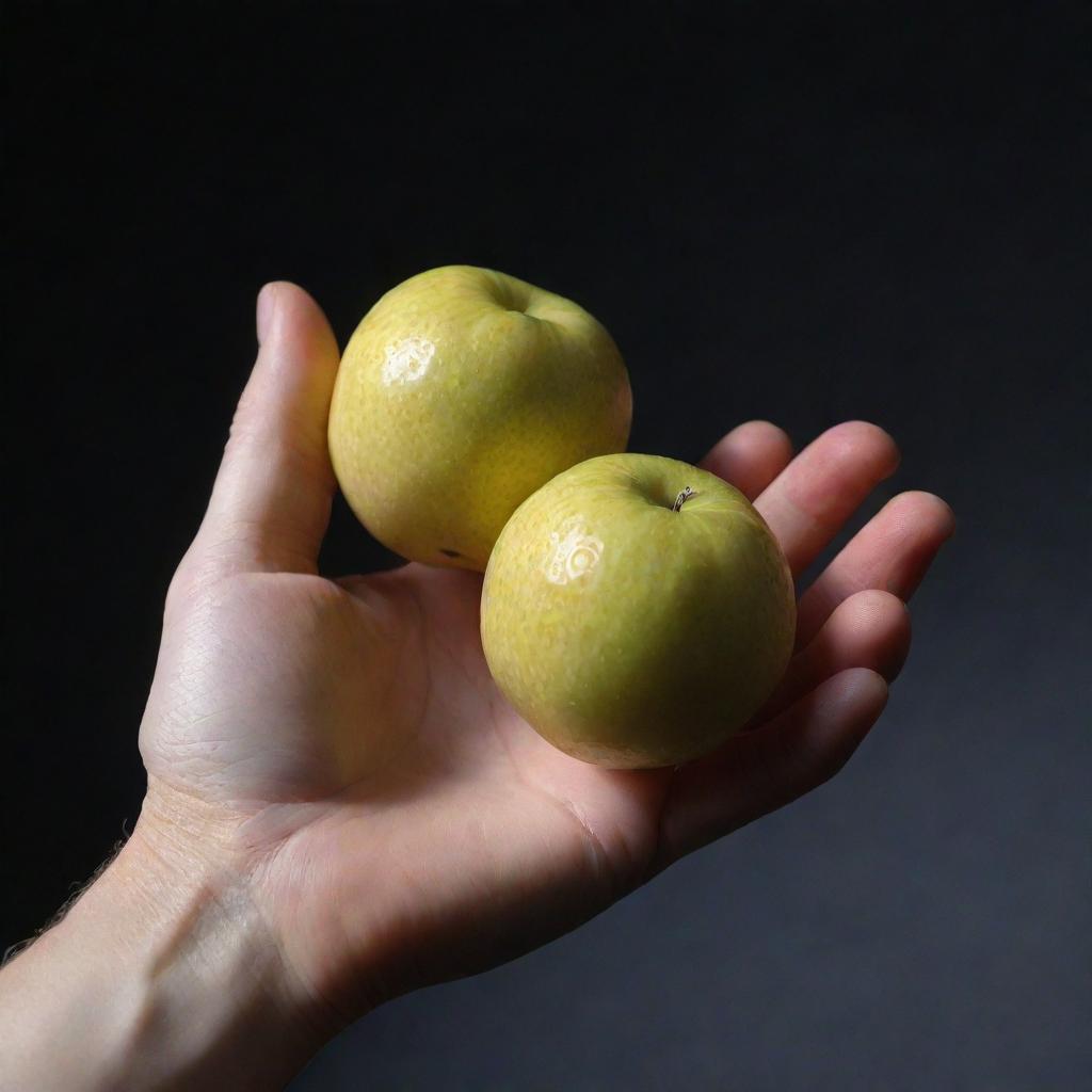 An open hand delicately offering an intensely radiant white fruit. The fruit glows brightly in stark contrast to the subdued, dark surrounding.