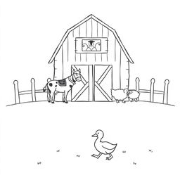 A black and white drawing showcasing a simple farm scene featuring a barn with a cow, a horse, and a sheep standing in front of it