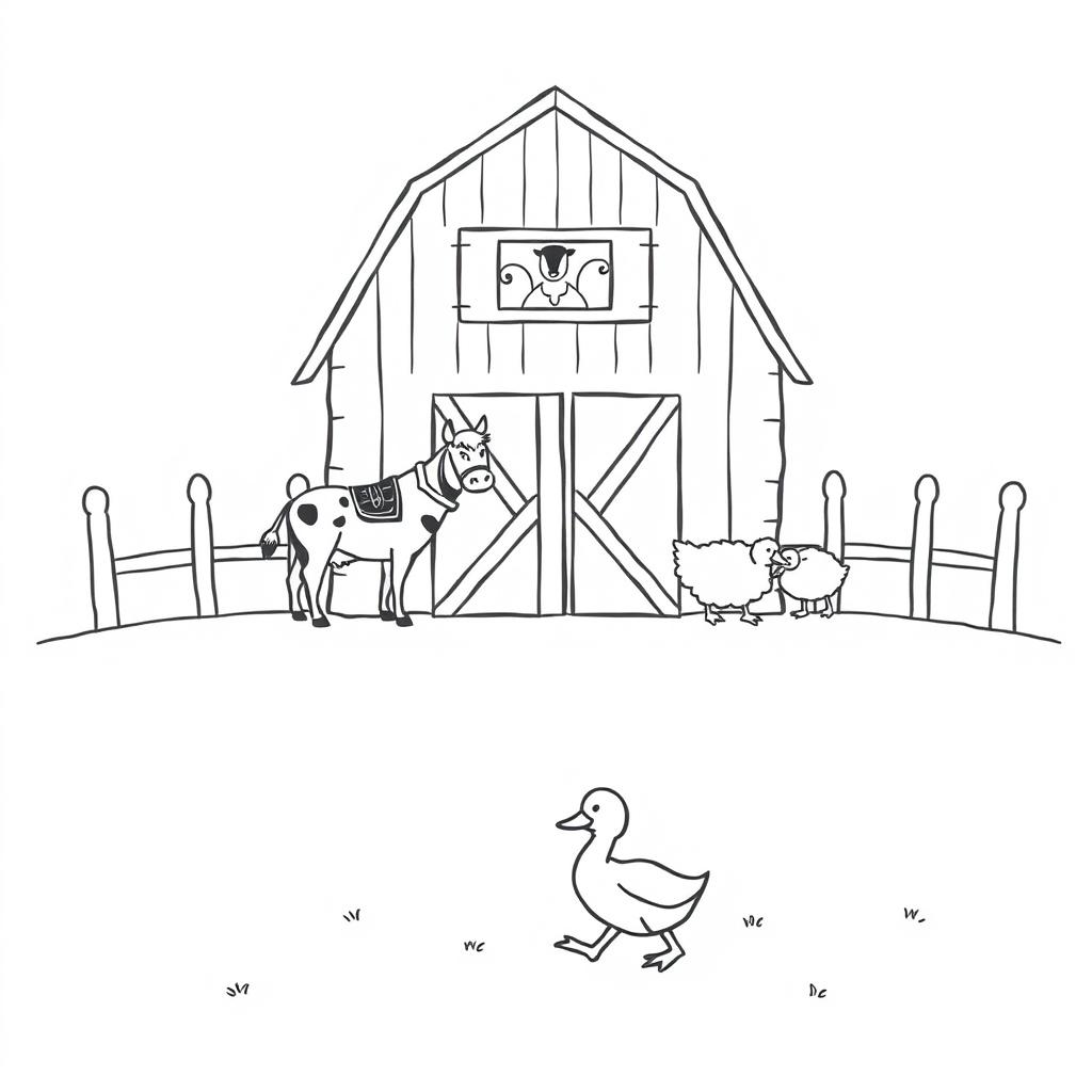 A black and white drawing showcasing a simple farm scene featuring a barn with a cow, a horse, and a sheep standing in front of it