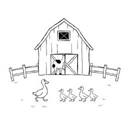 A black and white drawing showcasing a simple farm scene featuring a barn with a cow, a horse, and a sheep standing in front of it