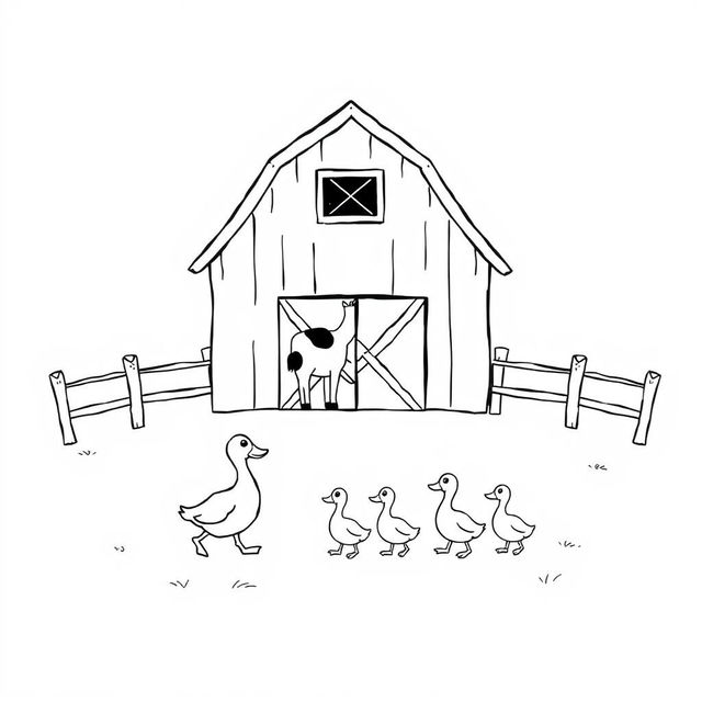 A black and white drawing showcasing a simple farm scene featuring a barn with a cow, a horse, and a sheep standing in front of it