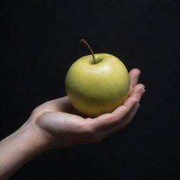 An open hand delicately offering an intensely radiant white fruit. The fruit glows brightly in stark contrast to the subdued, dark surrounding.