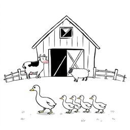 A black and white drawing showcasing a simple farm scene featuring a barn with a cow, a horse, and a sheep standing in front of it