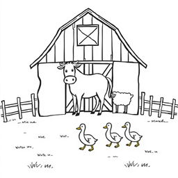 A black and white drawing showcasing a simple farm scene featuring a barn with a cow, a horse, and a sheep standing in front of it