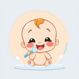 A cute cartoon baby character brushing its teeth, with an abstract background featuring a blend of beige and blue colors