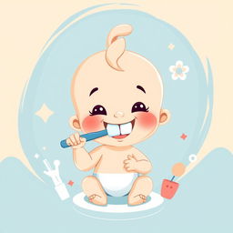 A cute cartoon baby character brushing its teeth, with an abstract background featuring a blend of beige and blue colors