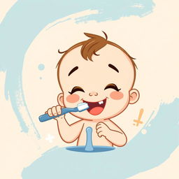 A cute cartoon baby character brushing its teeth, with an abstract background featuring a blend of beige and blue colors