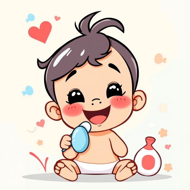 A cute cartoon baby character brushing its teeth, with an abstract background featuring a blend of beige and blue colors