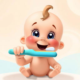 A cute cartoon baby doll brushing its teeth, set against an abstract background featuring soft beige and light blue colors