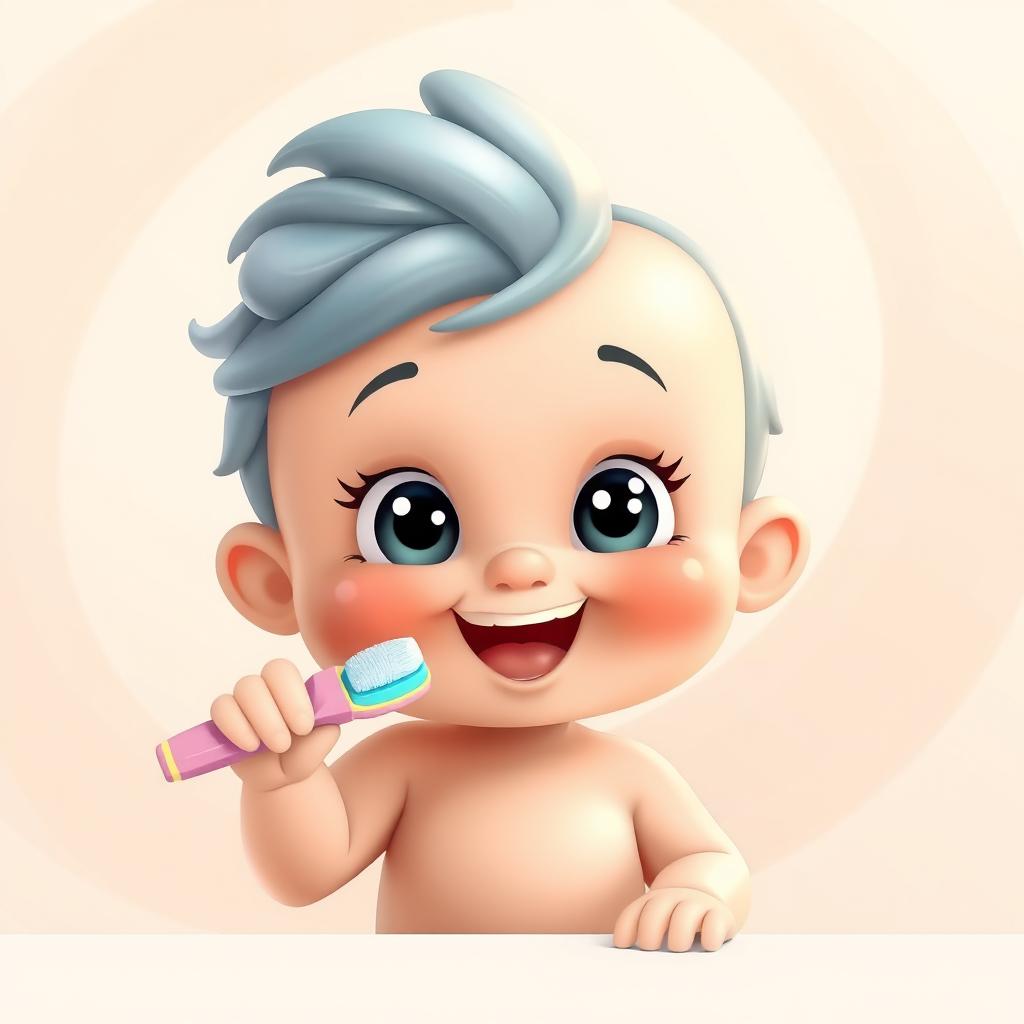 A cute cartoon baby doll brushing its teeth, set against an abstract background featuring soft beige and light blue colors