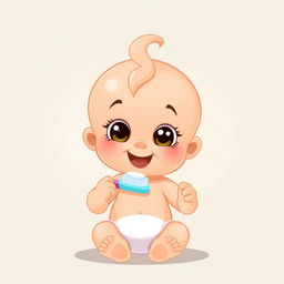 A cute cartoon baby doll brushing its teeth, set against an abstract background featuring soft beige and light blue colors