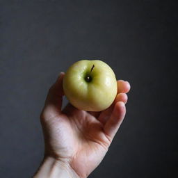 An open hand delicately offering an intensely radiant white fruit. The fruit glows brightly in stark contrast to the subdued, dark surrounding.