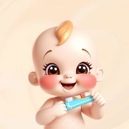 A cute cartoon baby doll brushing its teeth, set against an abstract background featuring soft beige and light blue colors