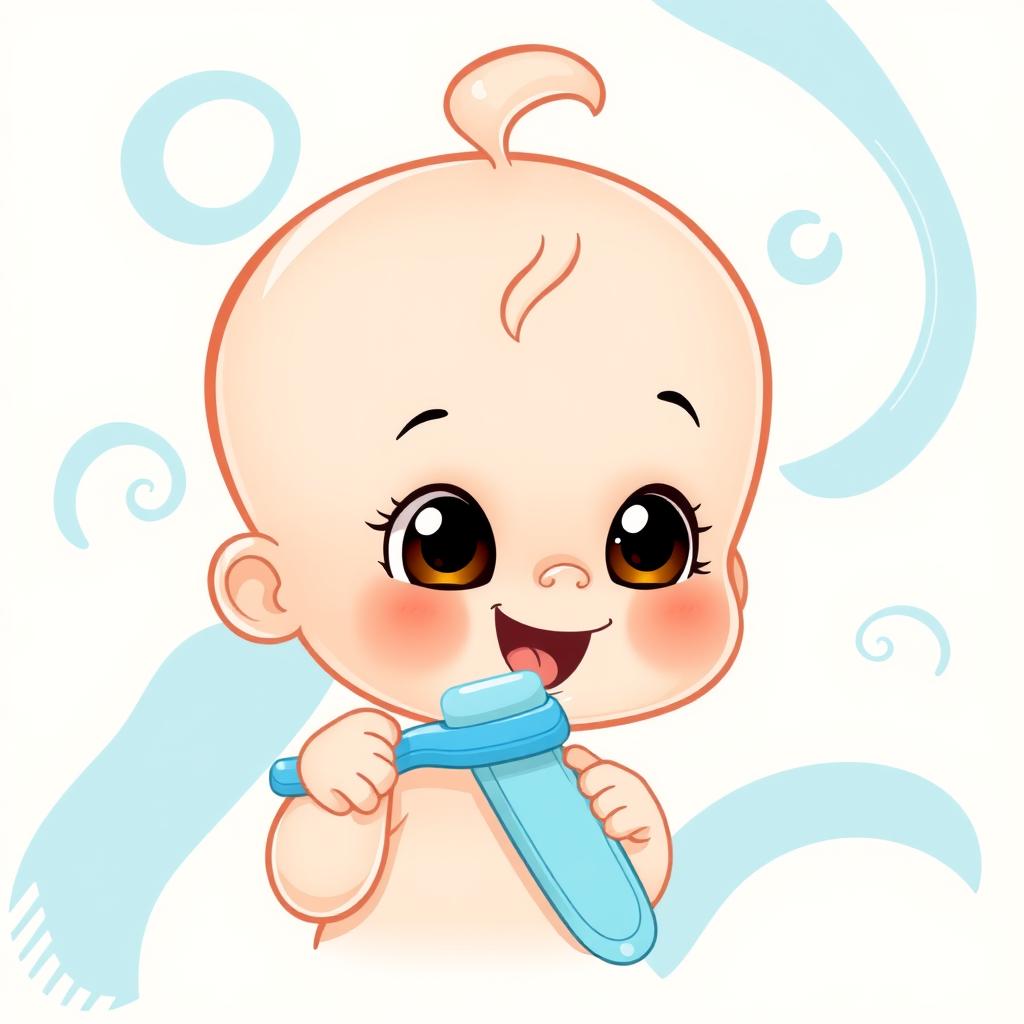 A cartoon baby doll brushing its teeth, surrounded by an abstract background featuring soft beige and blue colors