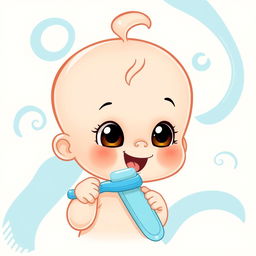 A cartoon baby doll brushing its teeth, surrounded by an abstract background featuring soft beige and blue colors