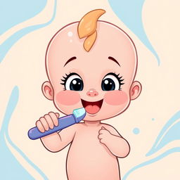 A cartoon baby doll brushing its teeth, surrounded by an abstract background featuring soft beige and blue colors