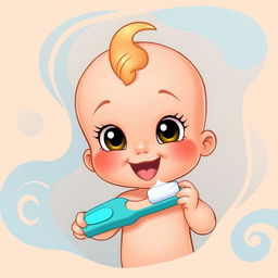 A cartoon baby doll brushing its teeth, surrounded by an abstract background featuring soft beige and blue colors