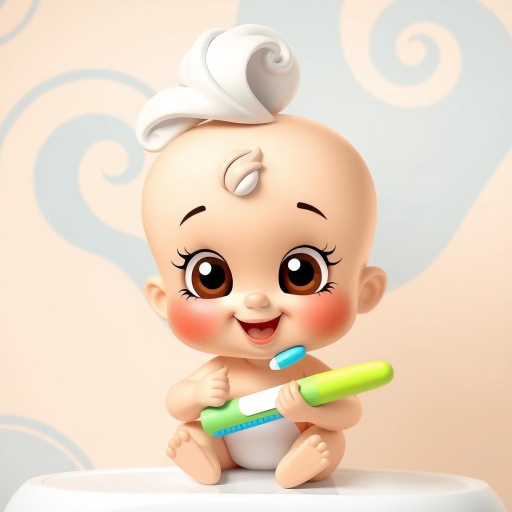 A cartoon baby doll brushing its teeth, surrounded by an abstract background featuring soft beige and blue colors