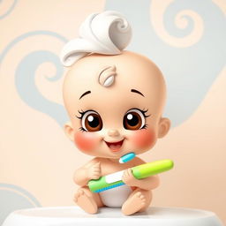 A cartoon baby doll brushing its teeth, surrounded by an abstract background featuring soft beige and blue colors