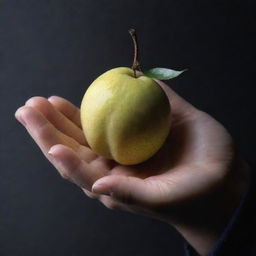 An open hand delicately offering an intensely radiant white fruit. The fruit glows brightly in stark contrast to the subdued, dark surrounding.