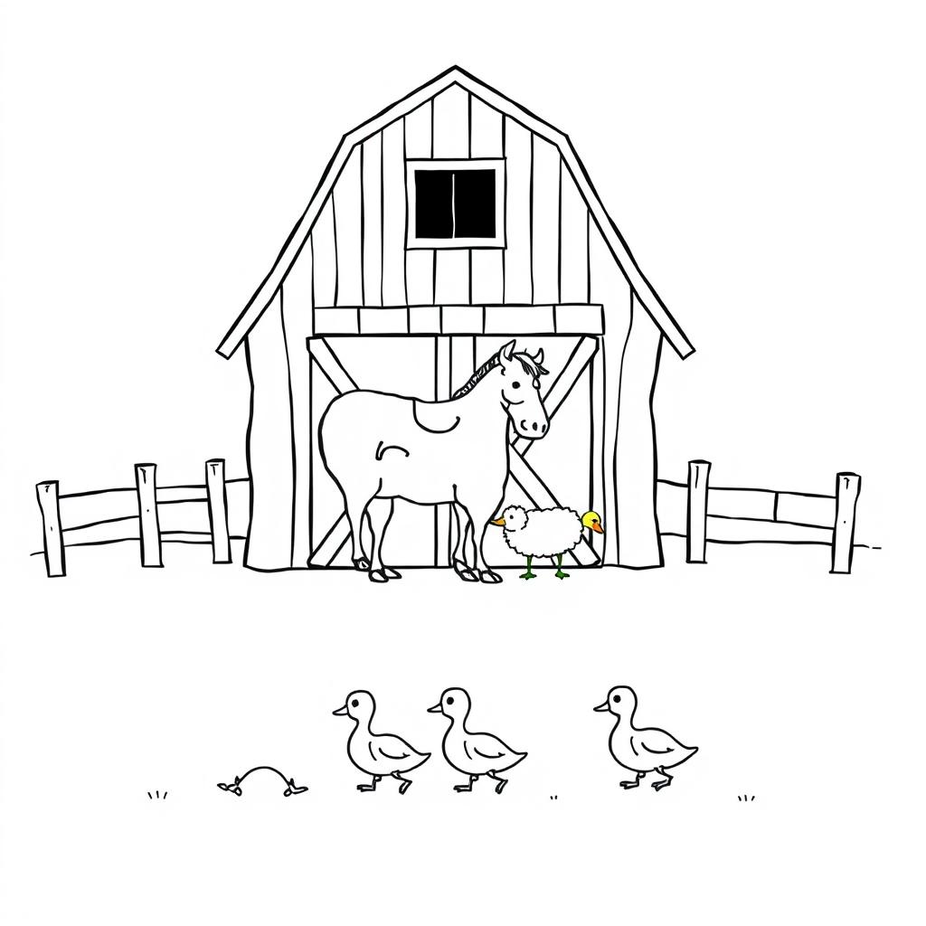 A black and white drawing depicting a charming farm scene featuring a barn with a cow, a horse, and a sheep positioned in front of it