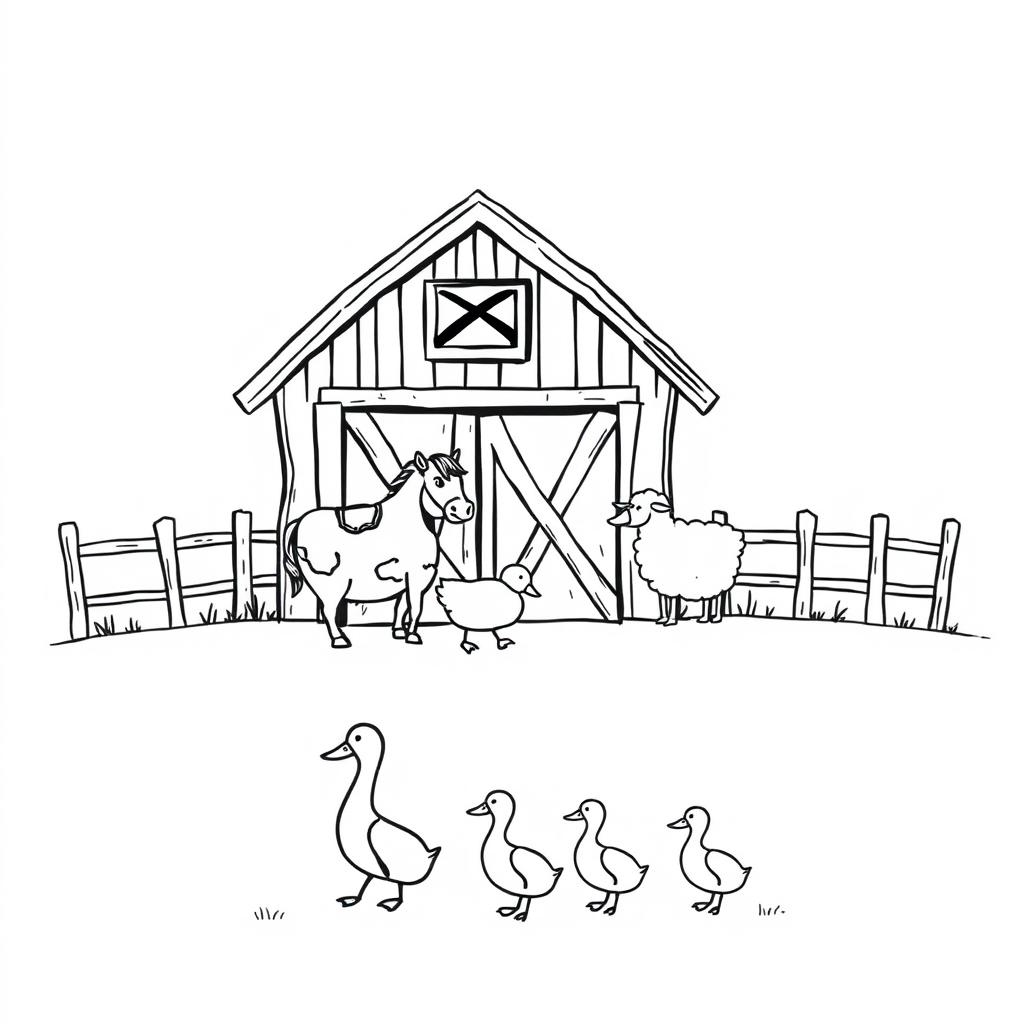 A black and white drawing depicting a charming farm scene featuring a barn with a cow, a horse, and a sheep positioned in front of it