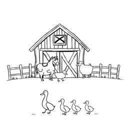 A black and white drawing depicting a charming farm scene featuring a barn with a cow, a horse, and a sheep positioned in front of it