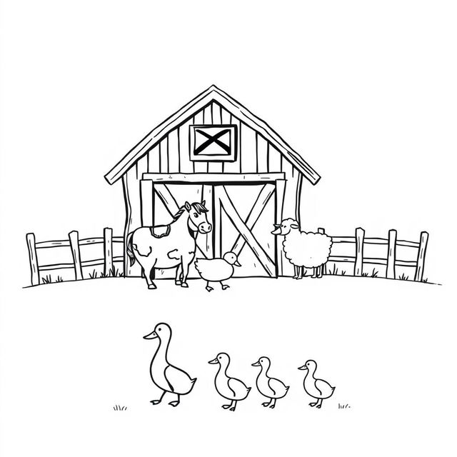 A black and white drawing depicting a charming farm scene featuring a barn with a cow, a horse, and a sheep positioned in front of it