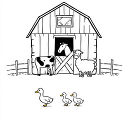 A black and white drawing depicting a charming farm scene featuring a barn with a cow, a horse, and a sheep positioned in front of it