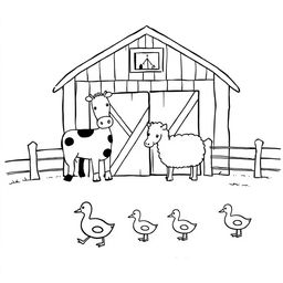 A black and white drawing depicting a charming farm scene featuring a barn with a cow, a horse, and a sheep positioned in front of it