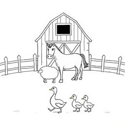 A black and white drawing illustrating a serene farm scene featuring a barn positioned prominently in the background
