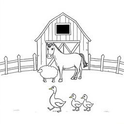 A black and white drawing illustrating a serene farm scene featuring a barn positioned prominently in the background