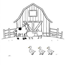 A black and white drawing illustrating a serene farm scene featuring a barn positioned prominently in the background