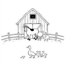 A black and white drawing illustrating a serene farm scene featuring a barn positioned prominently in the background